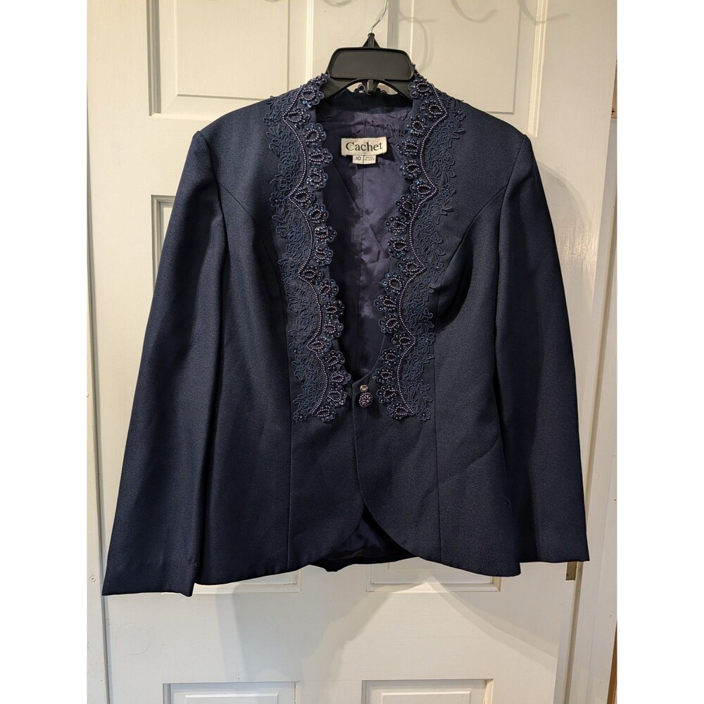 Cachet Beaded Jacket Womens 10 Navy Embroidered Formal Evening USA